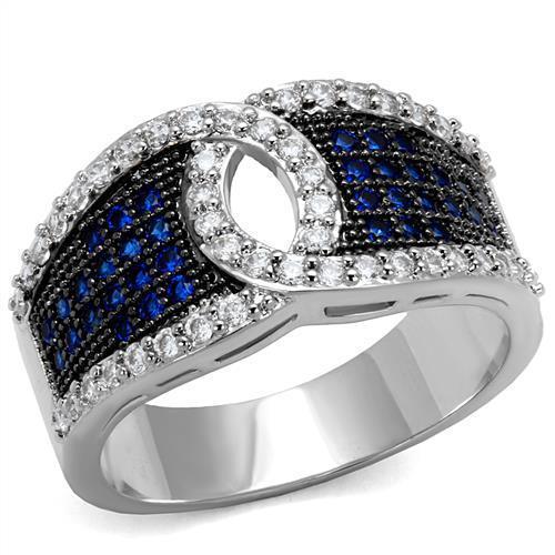 3W1216 Rhodium and Ruthenium Brass Ring featuring AAA Grade CZ in London Blue, showcasing its elegant design and sparkling center stone.