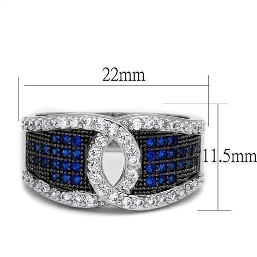 3W1216 Rhodium and Ruthenium Brass Ring featuring AAA Grade CZ in London Blue, showcasing its elegant design and sparkling center stone.