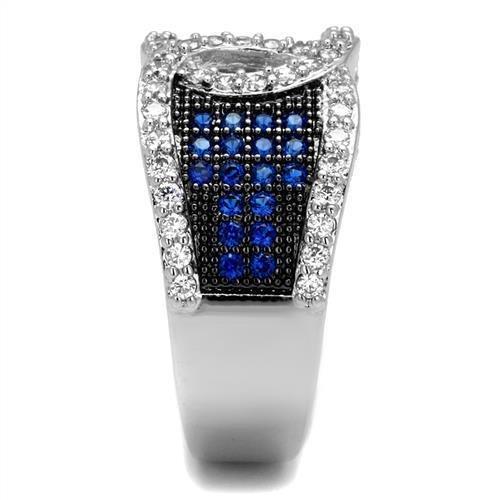 3W1216 Rhodium and Ruthenium Brass Ring featuring AAA Grade CZ in London Blue, showcasing its elegant design and sparkling center stone.