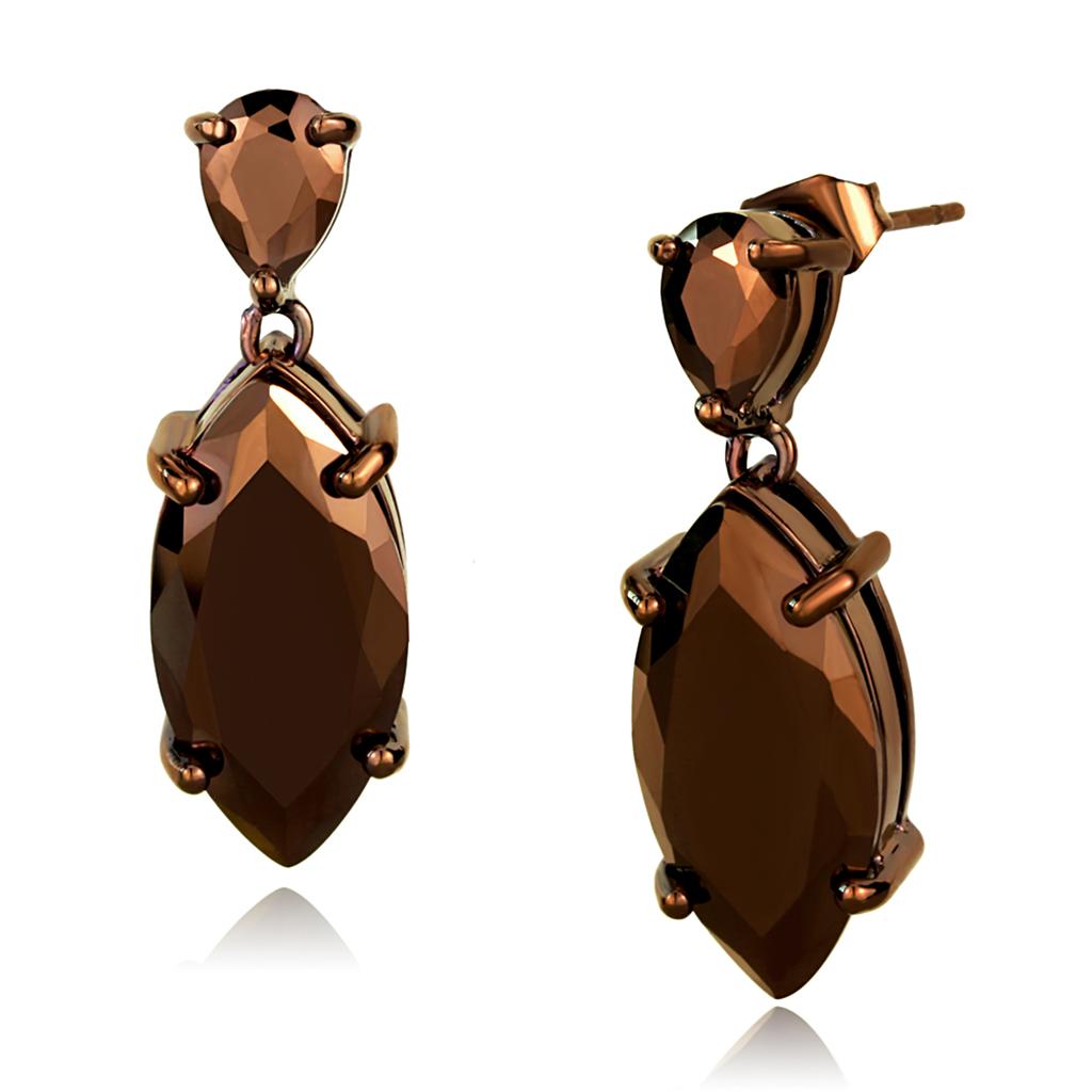 Elegant 3W1123 IP Coffee light Brass Earrings with AAA Grade CZ, showcasing a light coffee center stone.