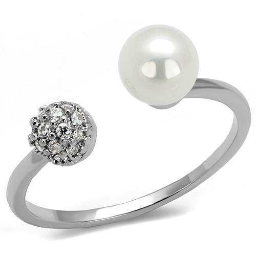 3W1230 Rhodium Brass Ring featuring a synthetic white pearl, showcasing its elegant design and shiny finish.