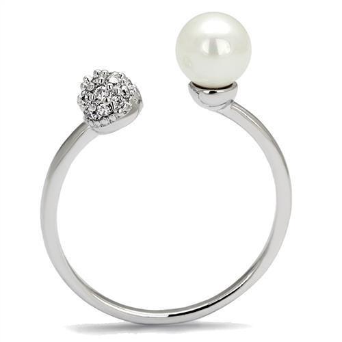 3W1230 Rhodium Brass Ring featuring a synthetic white pearl, showcasing its elegant design and shiny finish.