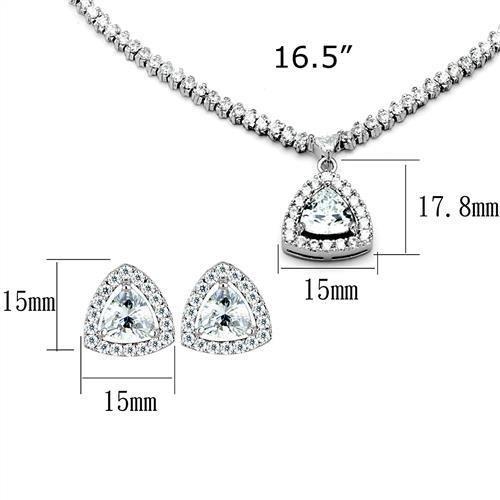 Rhodium brass jewelry set featuring clear AAA grade cubic zirconia stones, elegantly designed for a luxurious look.