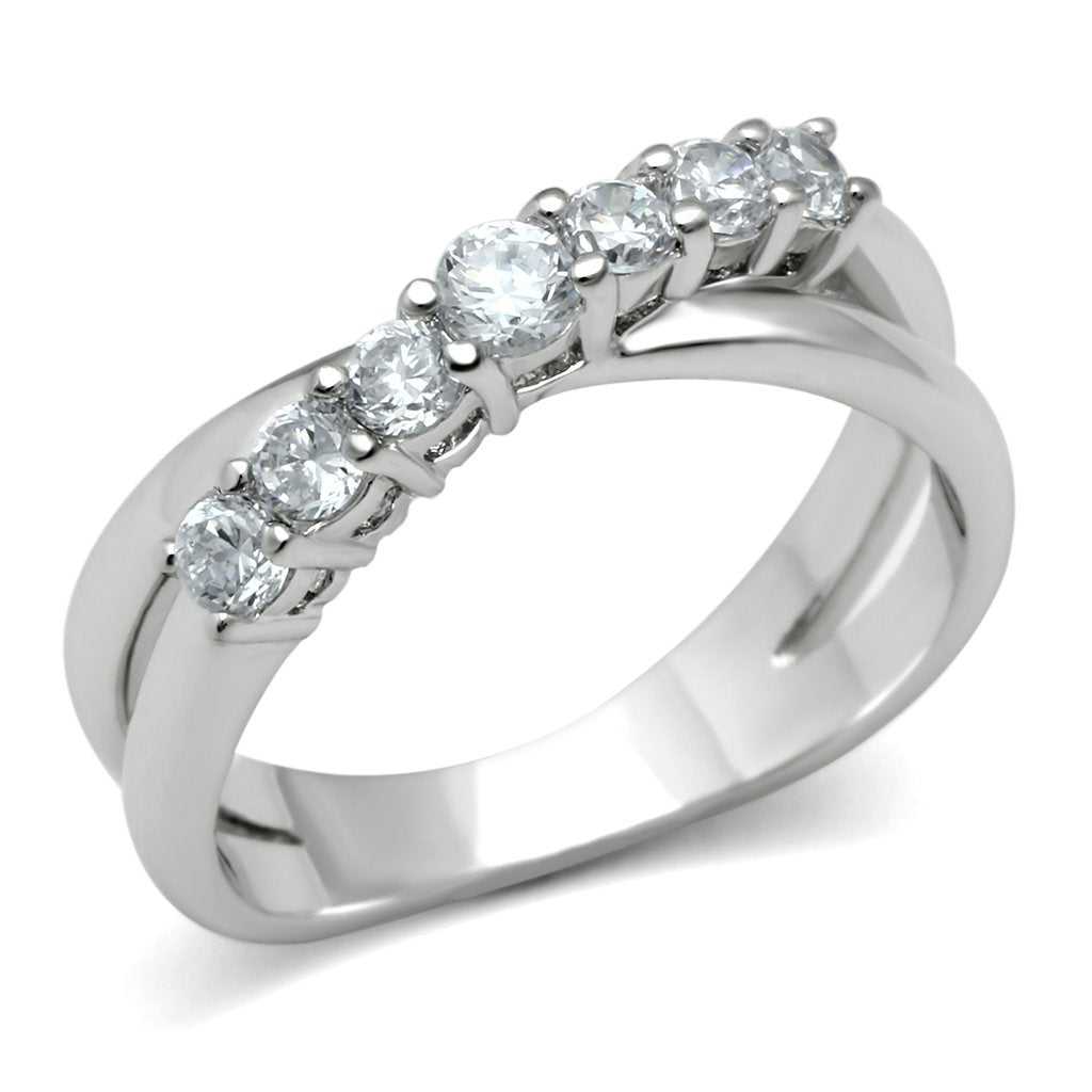 3W124 Rhodium Brass Ring featuring a clear AAA Grade CZ stone, showcasing its elegant design and shiny finish.