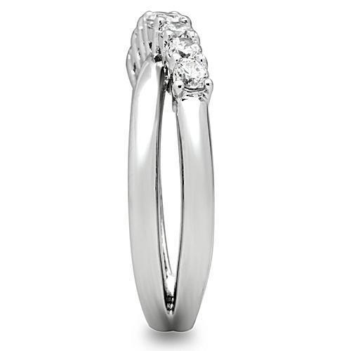 3W124 Rhodium Brass Ring featuring a clear AAA Grade CZ stone, showcasing its elegant design and shiny finish.