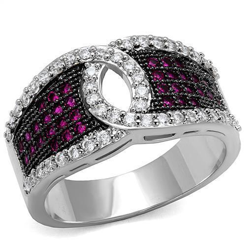 3W1243 Rhodium + Ruthenium Brass Ring featuring AAA Grade CZ in Ruby, showcasing its elegant design and vibrant color.