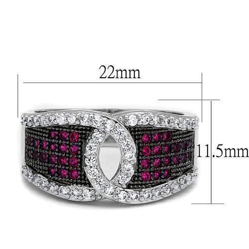 3W1243 Rhodium + Ruthenium Brass Ring featuring AAA Grade CZ in Ruby, showcasing its elegant design and vibrant color.