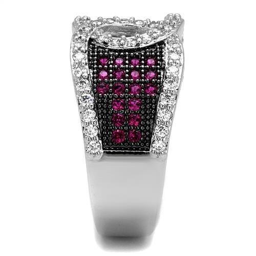 3W1243 Rhodium + Ruthenium Brass Ring featuring AAA Grade CZ in Ruby, showcasing its elegant design and vibrant color.