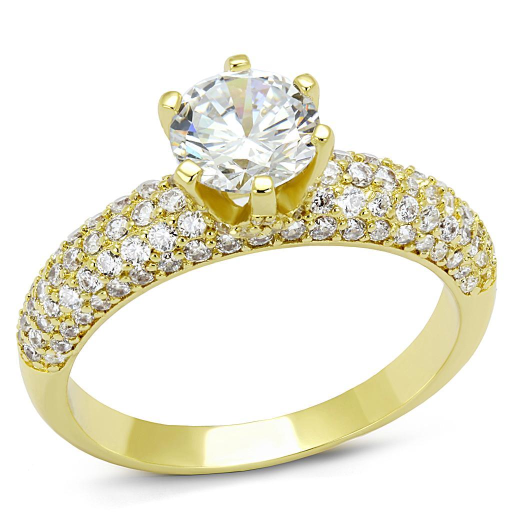 3W1255 Gold Brass Ring featuring a clear AAA Grade CZ stone, elegantly designed for a luxurious look.