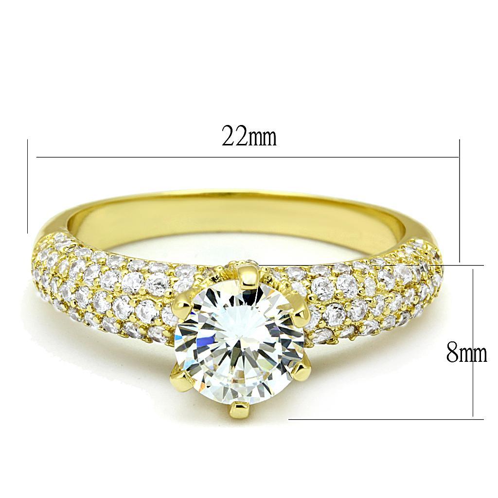 3W1255 Gold Brass Ring featuring a clear AAA Grade CZ stone, elegantly designed for a luxurious look.