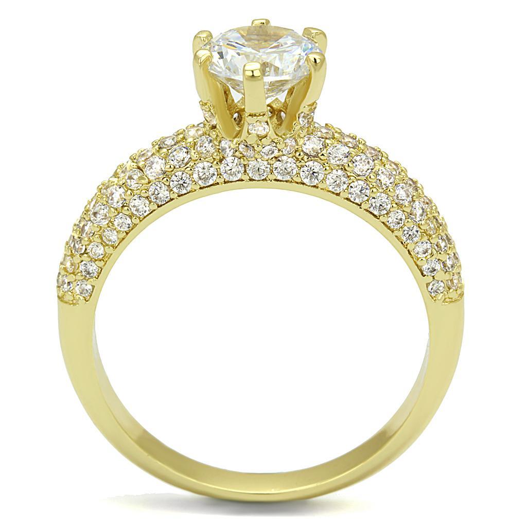 3W1255 Gold Brass Ring featuring a clear AAA Grade CZ stone, elegantly designed for a luxurious look.