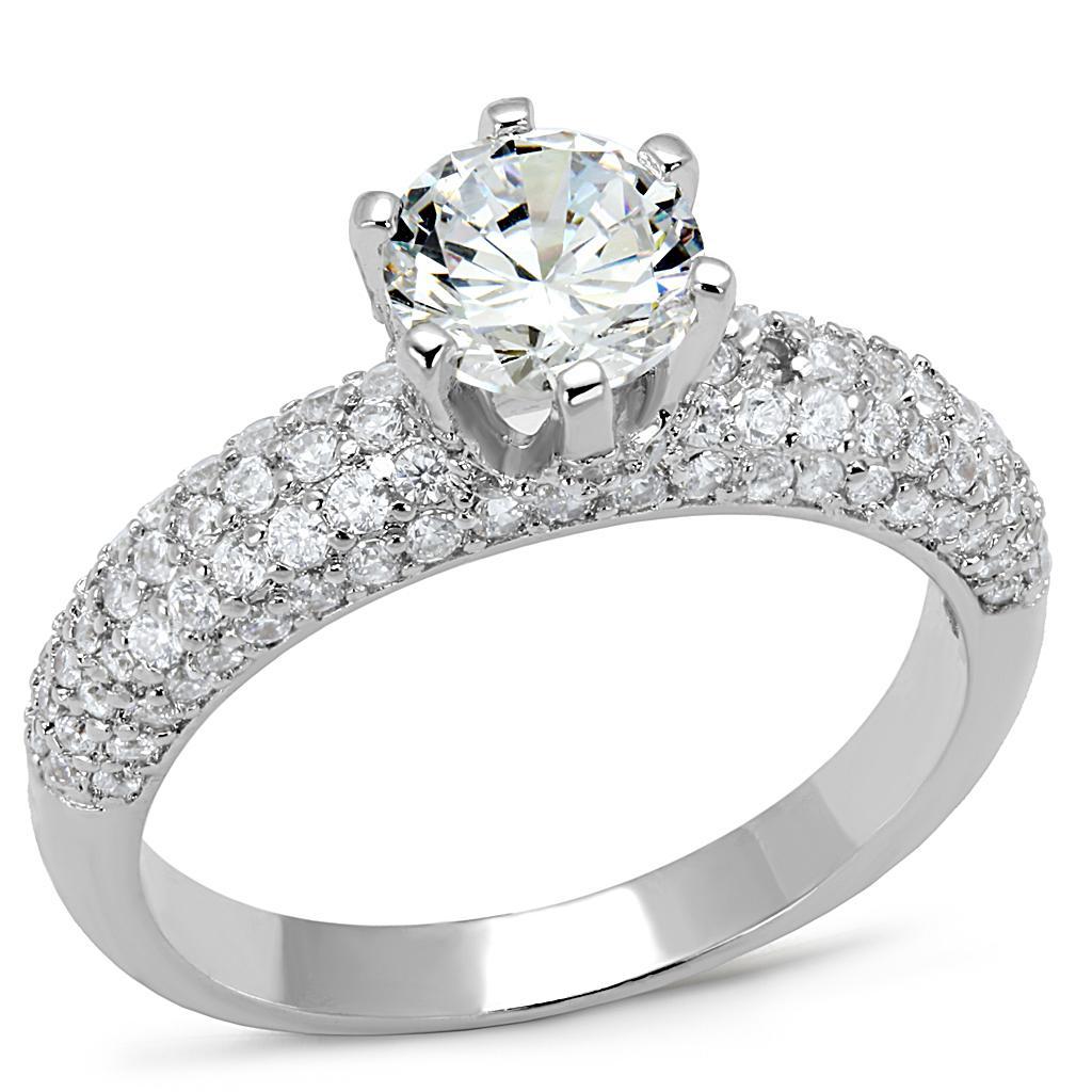 3W1253 Rhodium Brass Ring featuring a clear AAA Grade CZ stone, showcasing its elegant design and shiny finish.