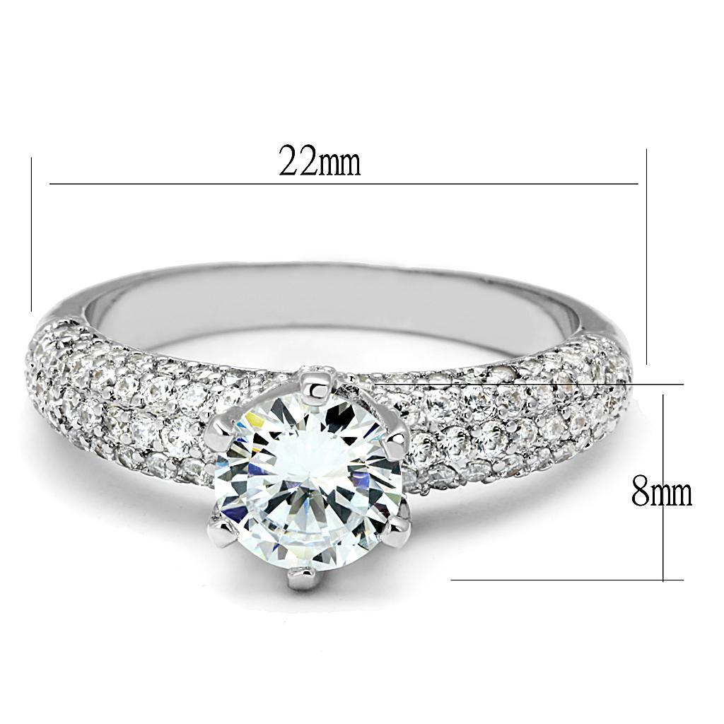 3W1253 Rhodium Brass Ring featuring a clear AAA Grade CZ stone, showcasing its elegant design and shiny finish.