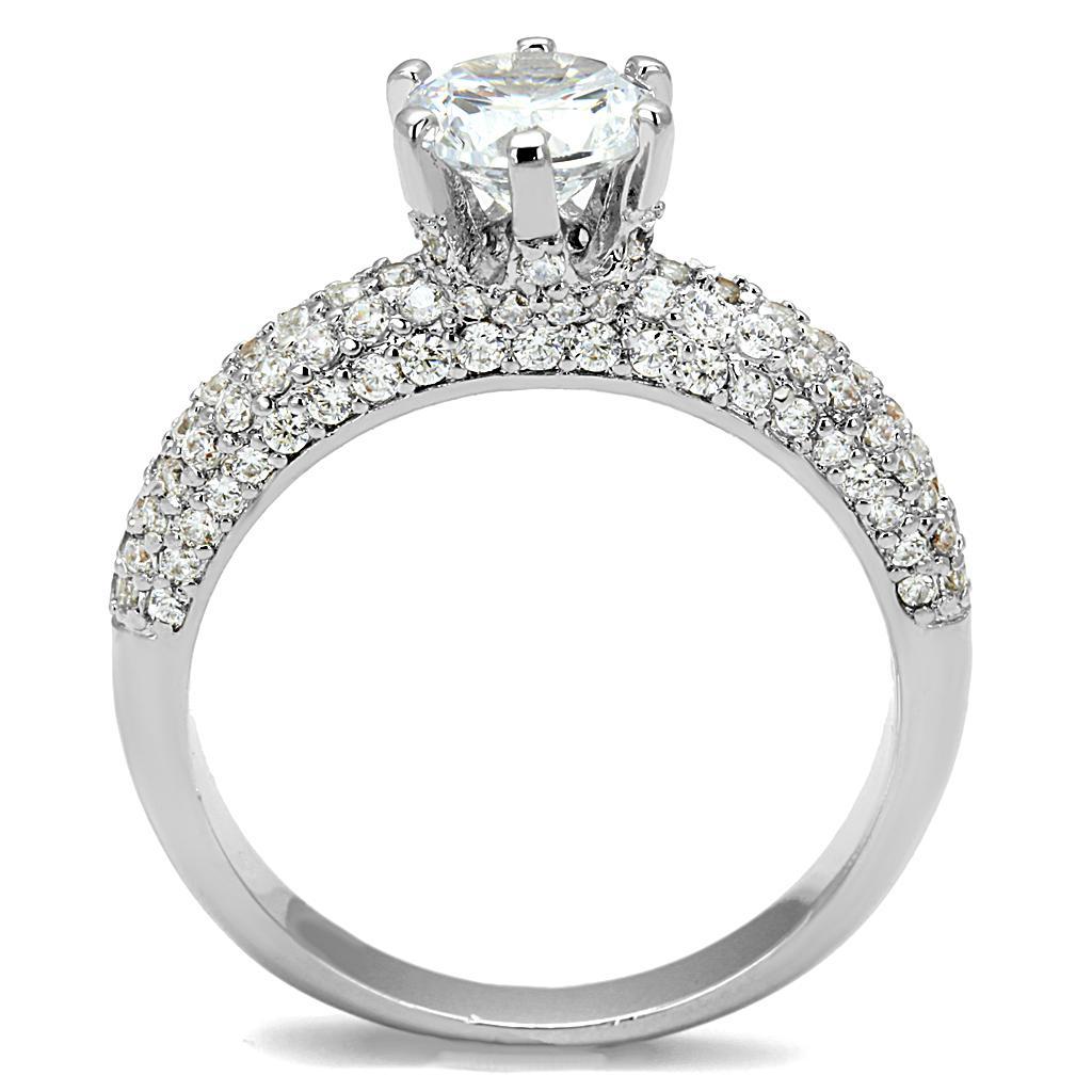 3W1253 Rhodium Brass Ring featuring a clear AAA Grade CZ stone, showcasing its elegant design and shiny finish.