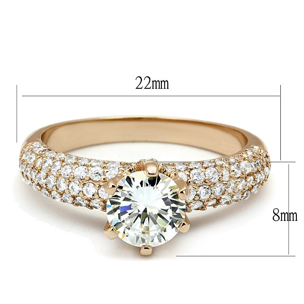 3W1254 Rose Gold Brass Ring featuring a clear AAA Grade CZ center stone, showcasing its elegant design and luxurious finish.