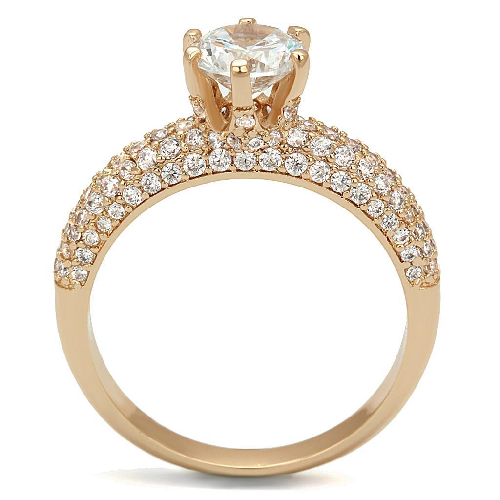 3W1254 Rose Gold Brass Ring featuring a clear AAA Grade CZ center stone, showcasing its elegant design and luxurious finish.