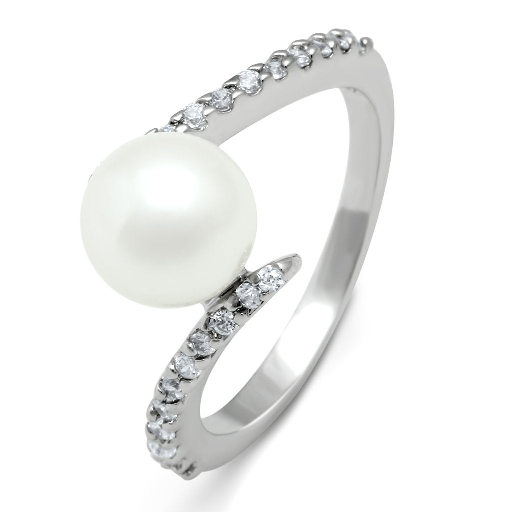 3W126 Rhodium Brass Ring featuring a synthetic white pearl, showcasing its elegant design and luxurious finish.