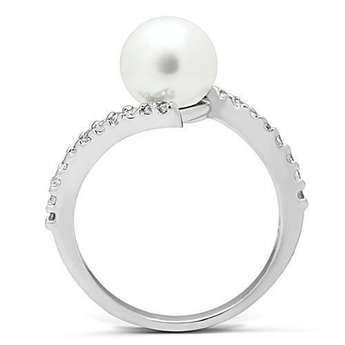 3W126 Rhodium Brass Ring featuring a synthetic white pearl, showcasing its elegant design and luxurious finish.