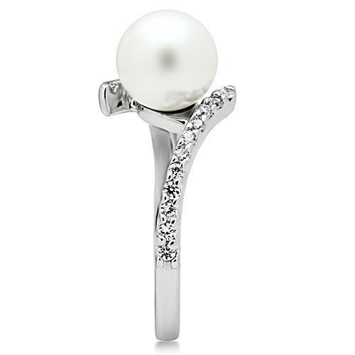 3W126 Rhodium Brass Ring featuring a synthetic white pearl, showcasing its elegant design and luxurious finish.