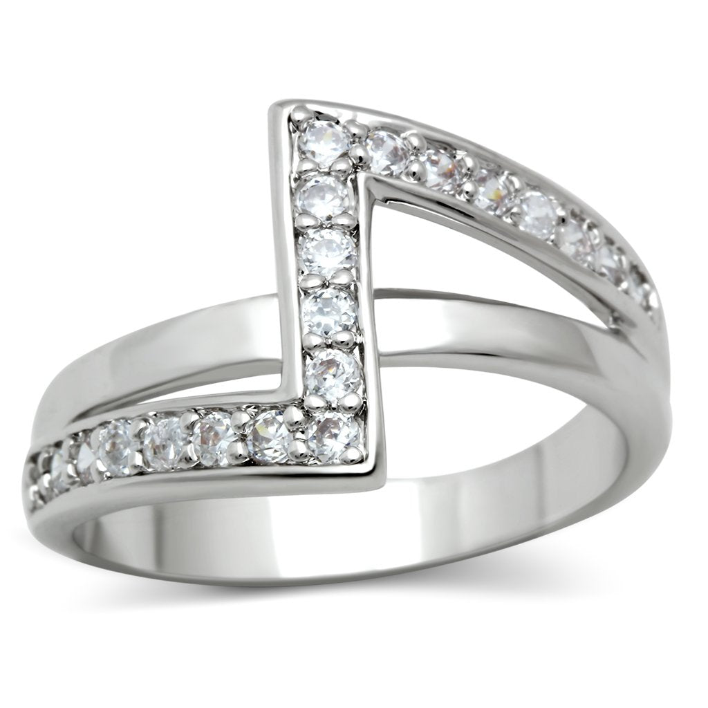 3W127 Rhodium Brass Ring featuring a clear AAA Grade CZ stone, showcasing its elegant design and shiny finish.