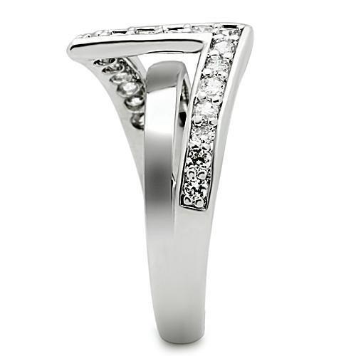 3W127 Rhodium Brass Ring featuring a clear AAA Grade CZ stone, showcasing its elegant design and shiny finish.