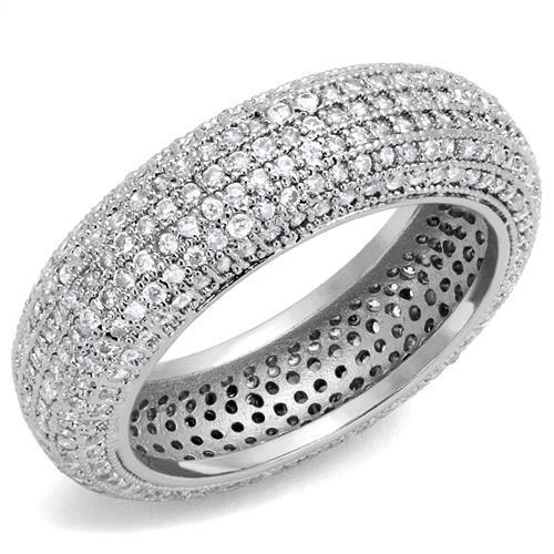 3W1273 Rhodium Brass Ring featuring a clear AAA Grade CZ stone, showcasing its elegant design and shiny finish.