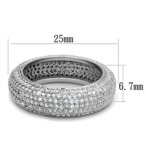 3W1273 Rhodium Brass Ring featuring a clear AAA Grade CZ stone, showcasing its elegant design and shiny finish.