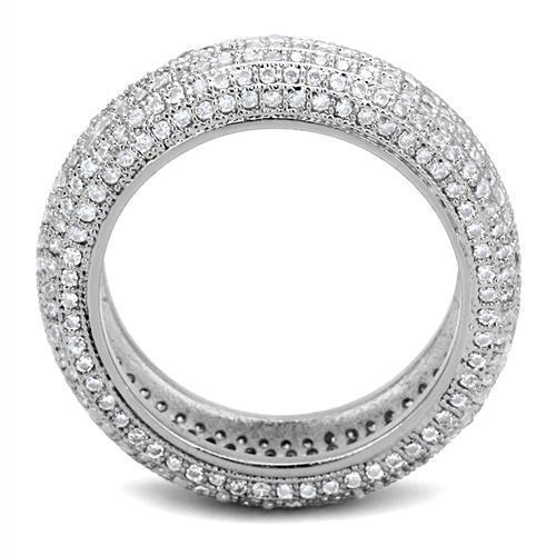 3W1273 Rhodium Brass Ring featuring a clear AAA Grade CZ stone, showcasing its elegant design and shiny finish.