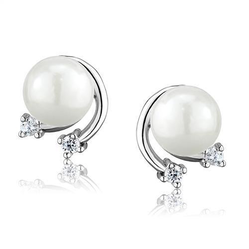 Elegant 3W1279 Rhodium Brass Earrings featuring a white synthetic pearl centerpiece, showcasing a luxurious design.