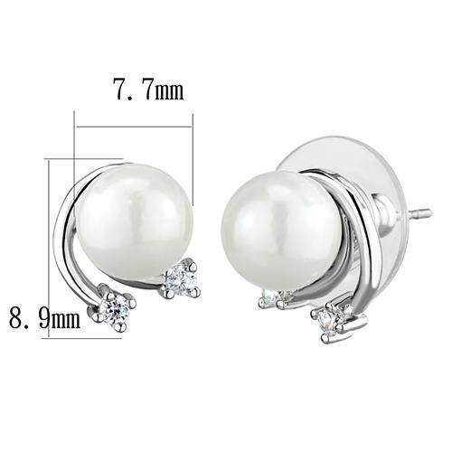 Elegant 3W1279 Rhodium Brass Earrings featuring a white synthetic pearl centerpiece, showcasing a luxurious design.