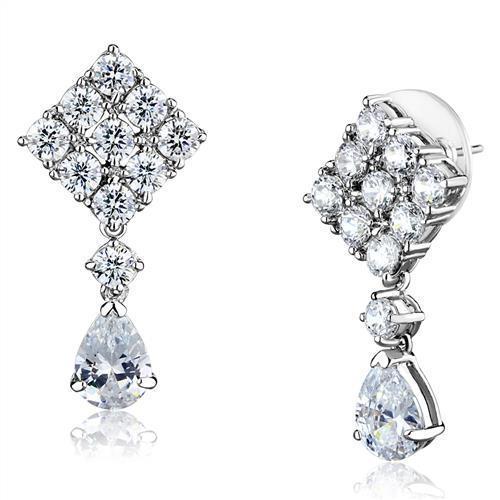 Elegant 3W1288 Rhodium Brass Earrings featuring a clear AAA Grade CZ stone, perfect for any occasion.