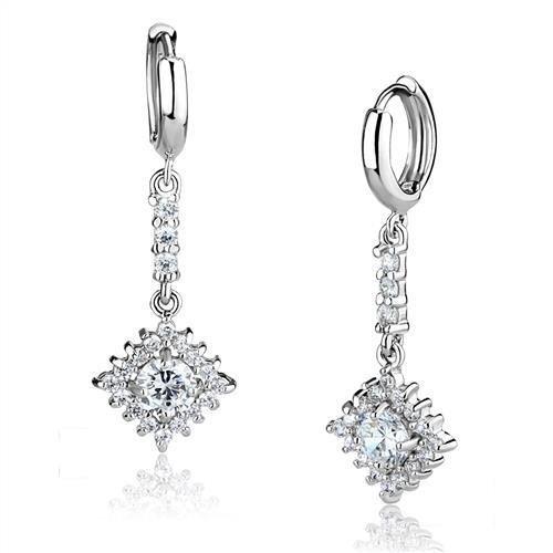 Elegant 3W1280 Rhodium Brass Earrings featuring AAA Grade Clear CZ stone, showcasing a stylish design perfect for any occasion.