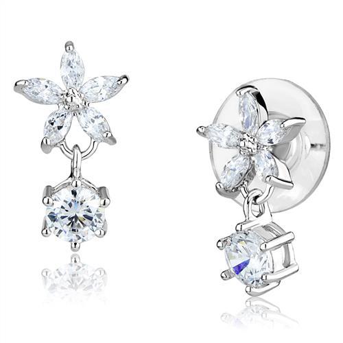 Elegant 3W1281 Rhodium Brass Earrings featuring AAA Grade CZ in Clear, showcasing their stunning design and sparkle.