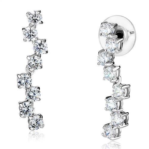 Elegant 3W1289 Rhodium Brass Earrings featuring AAA Grade Clear CZ stone, showcasing a luxurious design.