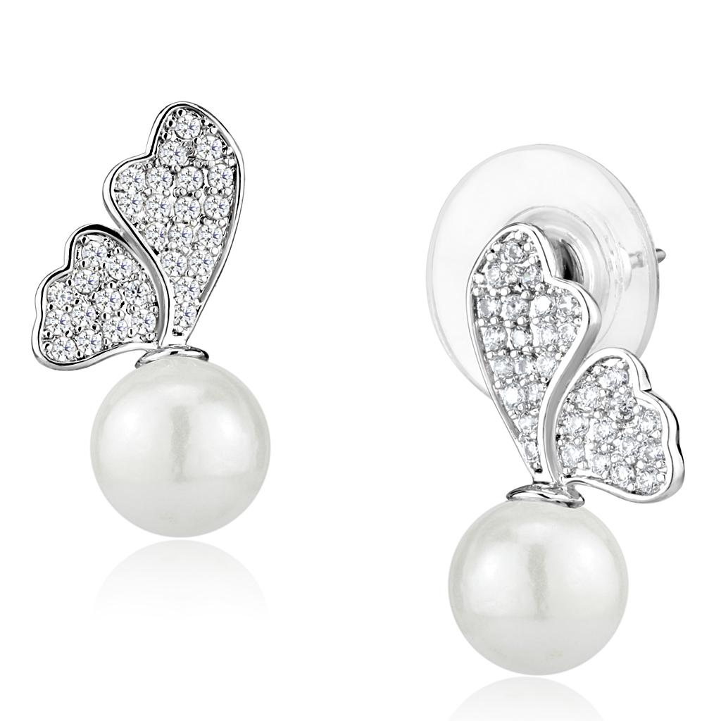 3W1299 Rhodium Brass Earrings featuring white synthetic pearls, elegantly designed for any occasion.