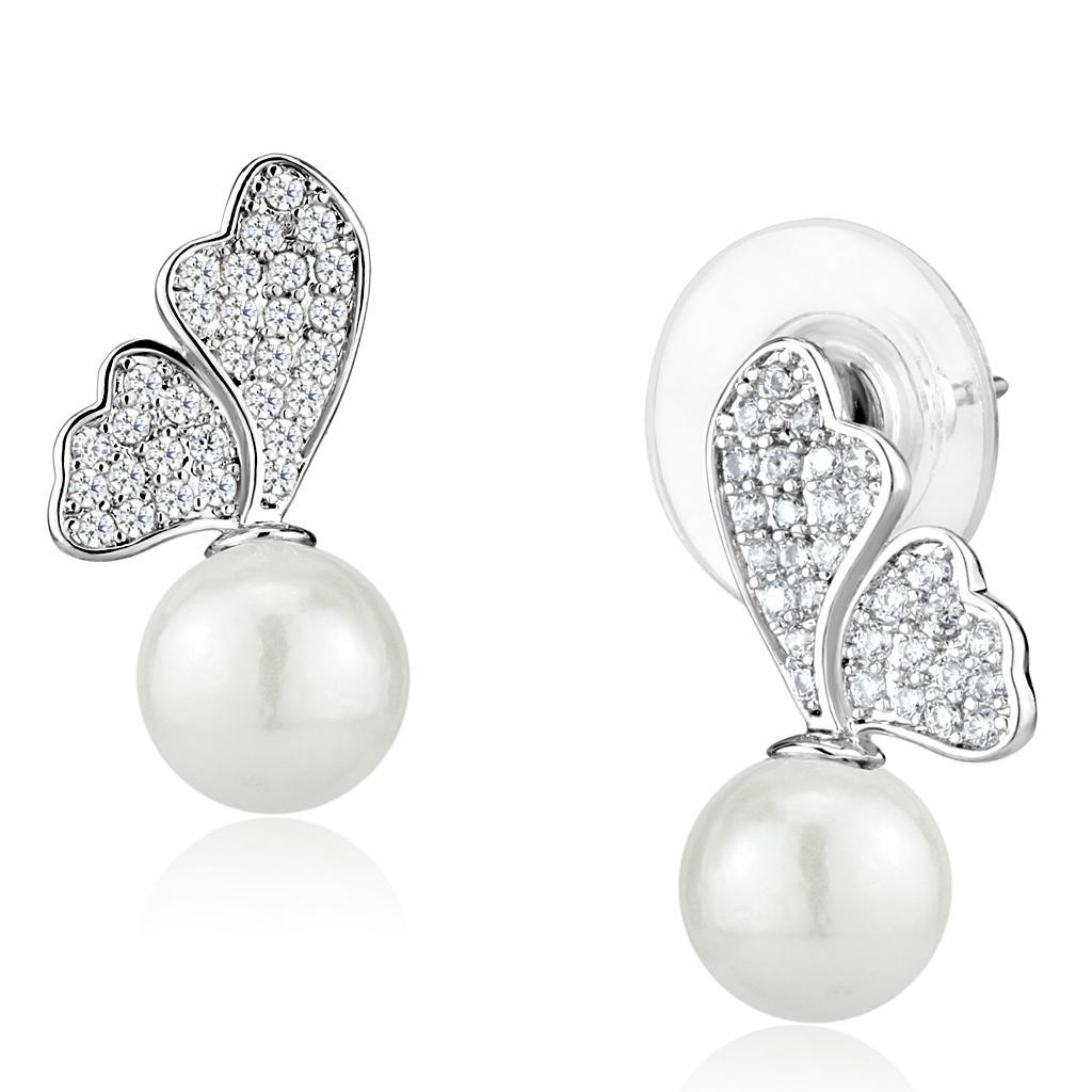 Elegant 3W1299 Rhodium Brass Earrings featuring a white synthetic pearl centerpiece, showcasing a modern design.