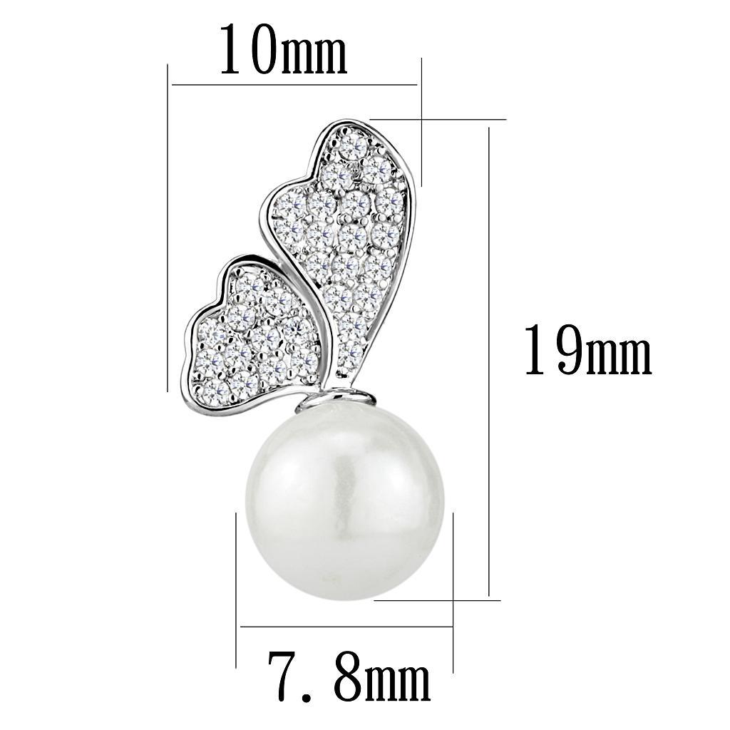 Elegant 3W1299 Rhodium Brass Earrings featuring a white synthetic pearl centerpiece, showcasing a modern design.