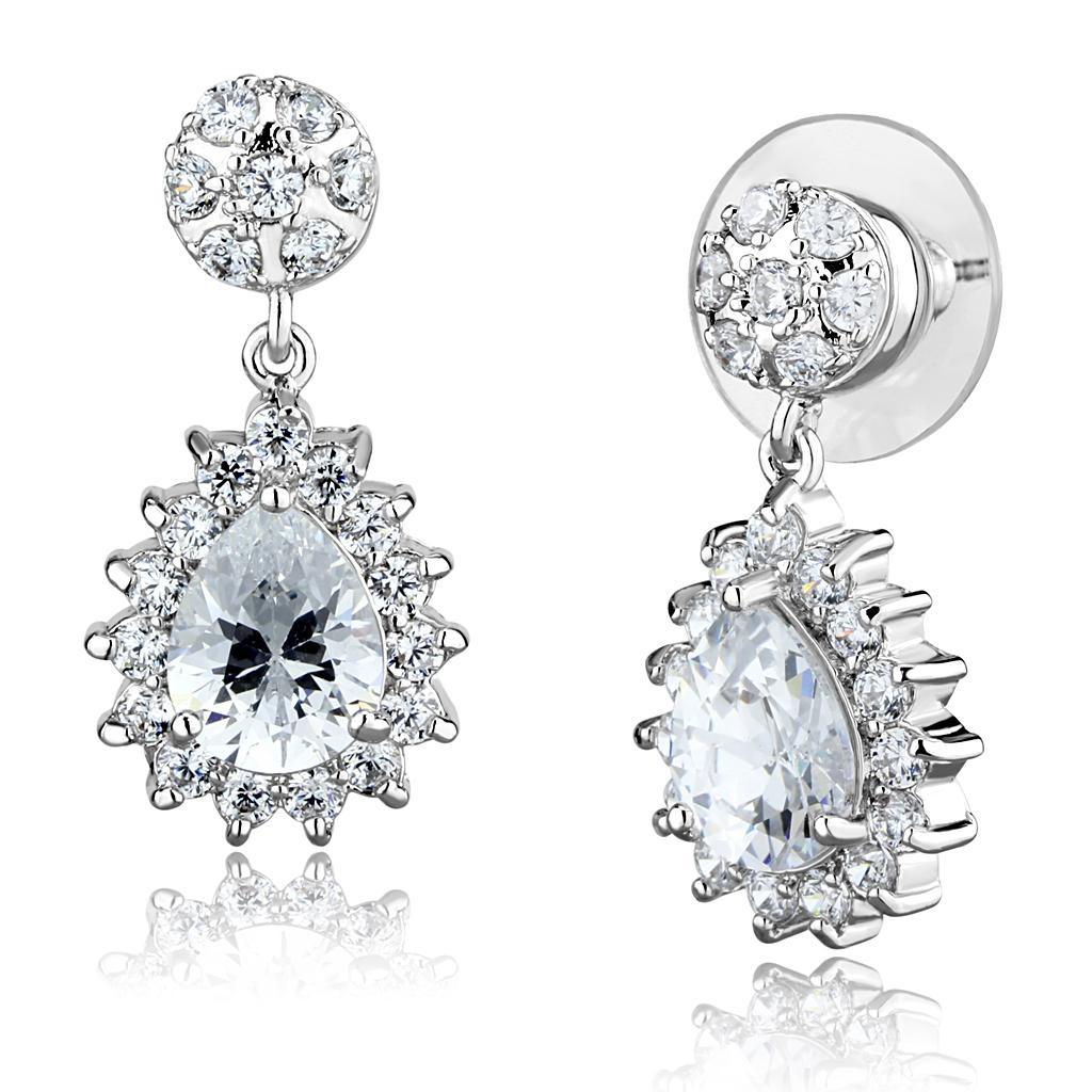 Elegant Rhodium Brass Earrings featuring AAA Grade Clear CZ stone, showcasing a luxurious design and lightweight construction.