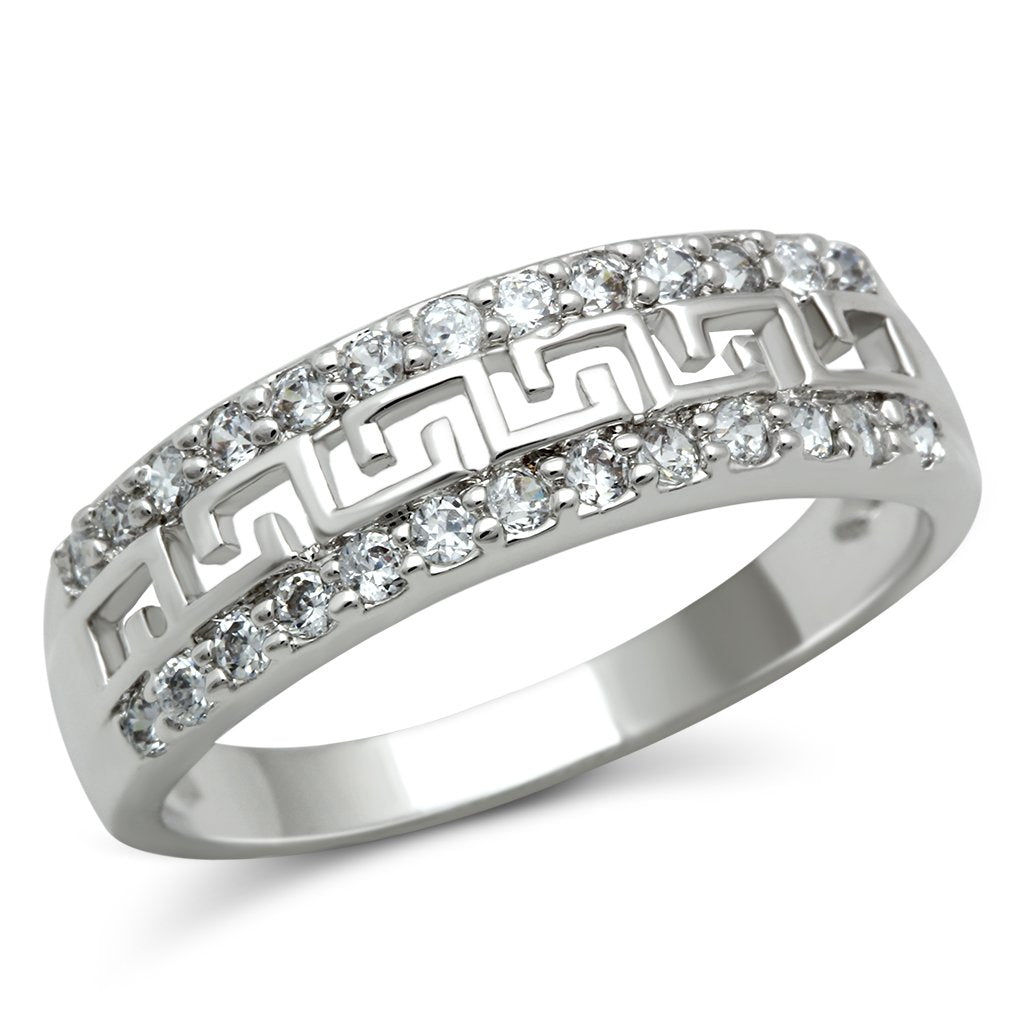 3W130 Rhodium Brass Ring featuring a clear AAA Grade CZ stone, showcasing its elegant design and luxurious finish.