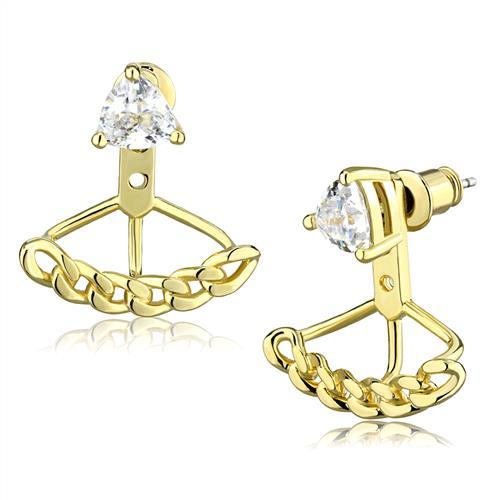 3W1313 Gold Brass Earrings featuring AAA Grade Clear CZ stones, elegantly designed for versatile wear.