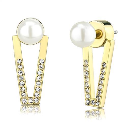 Elegant gold brass earrings featuring a white synthetic pearl centerpiece, perfect for any occasion.