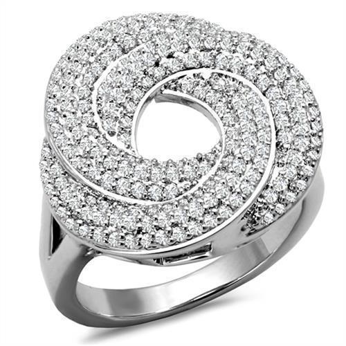 3W1319 Rhodium Brass Ring featuring a clear AAA Grade CZ stone, showcasing its elegant design and shiny finish.