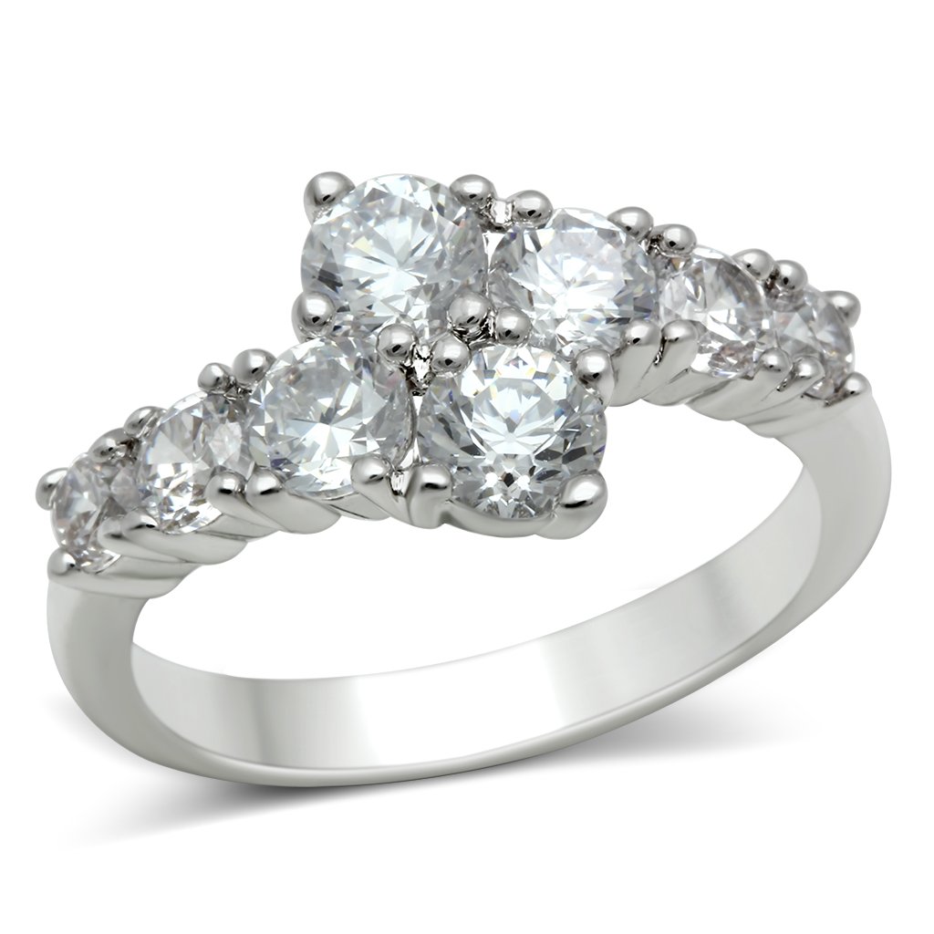 3W132 Rhodium Brass Ring featuring a clear AAA Grade CZ stone, showcasing its elegant design and shiny finish.