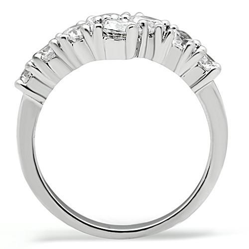 3W132 Rhodium Brass Ring featuring a clear AAA Grade CZ stone, showcasing its elegant design and shiny finish.