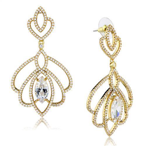 Elegant 3W1324 Gold Brass Earrings featuring clear AAA Grade CZ stones, showcasing their luxurious design and craftsmanship.