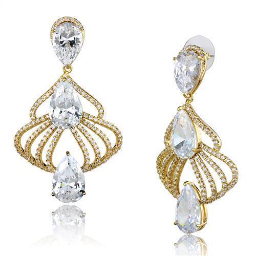 3W1325 Gold Brass Earrings featuring AAA Grade clear CZ stones, elegantly designed for a luxurious look.