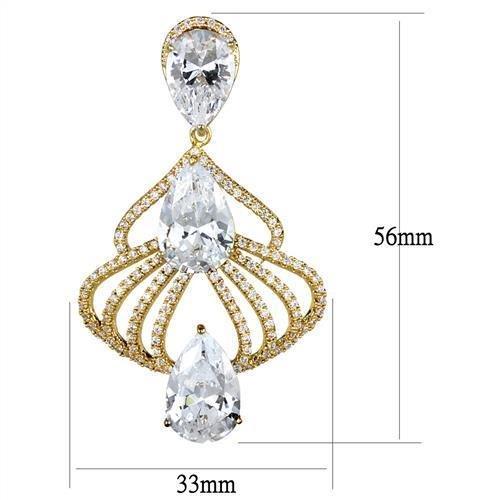 3W1325 Gold Brass Earrings featuring AAA Grade clear CZ stones, elegantly designed for a luxurious look.