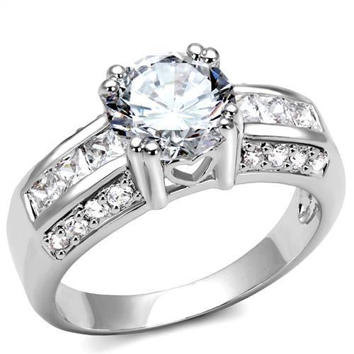 3W1344 Rhodium Brass Ring featuring a clear AAA Grade CZ stone, showcasing its elegant design and luxurious finish.