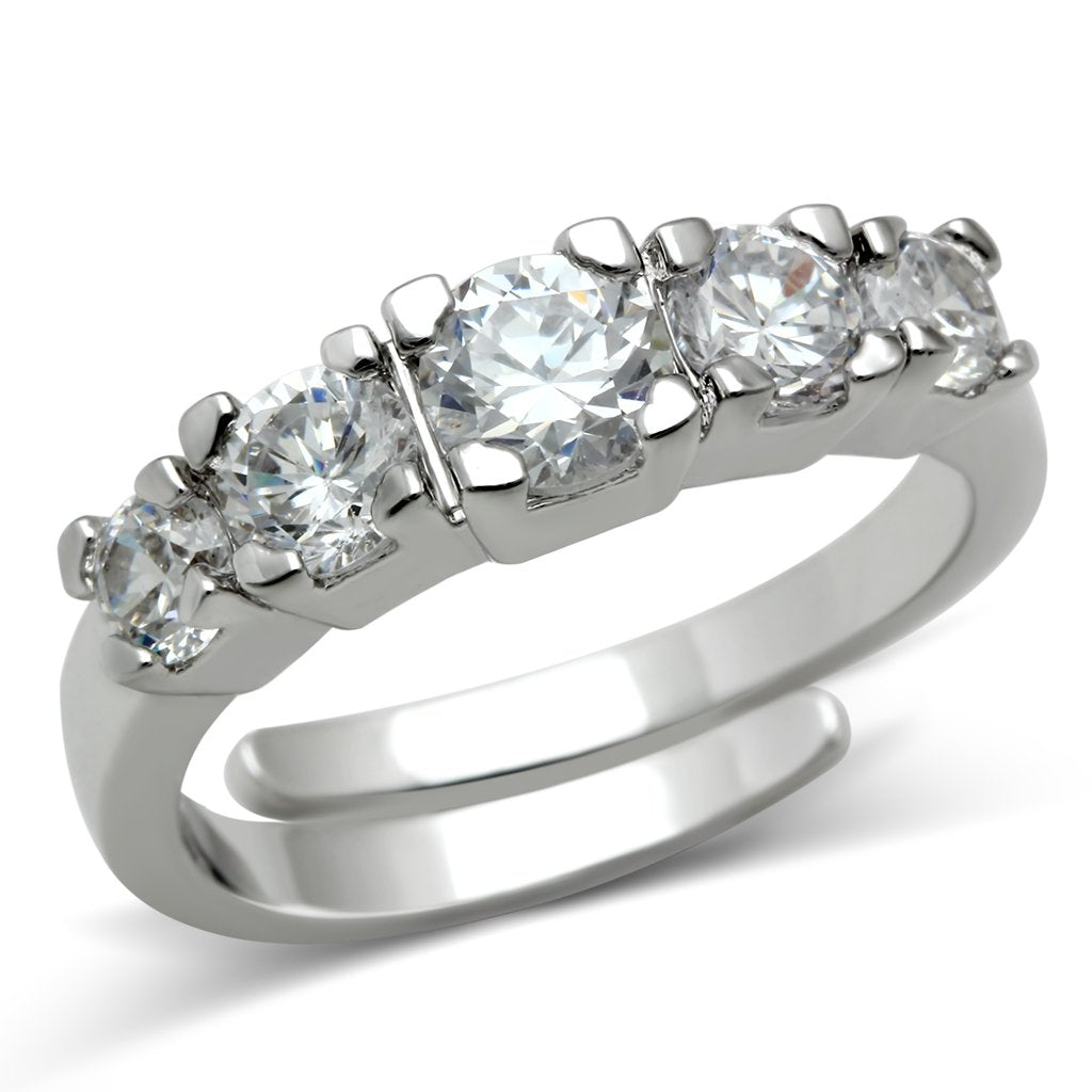 3W134 Rhodium Brass Ring featuring a clear AAA Grade CZ stone, showcasing its elegant design and luxurious finish.