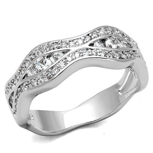 3W1345 Rhodium Brass Ring featuring a clear AAA Grade CZ stone, showcasing its elegant design and shiny finish.